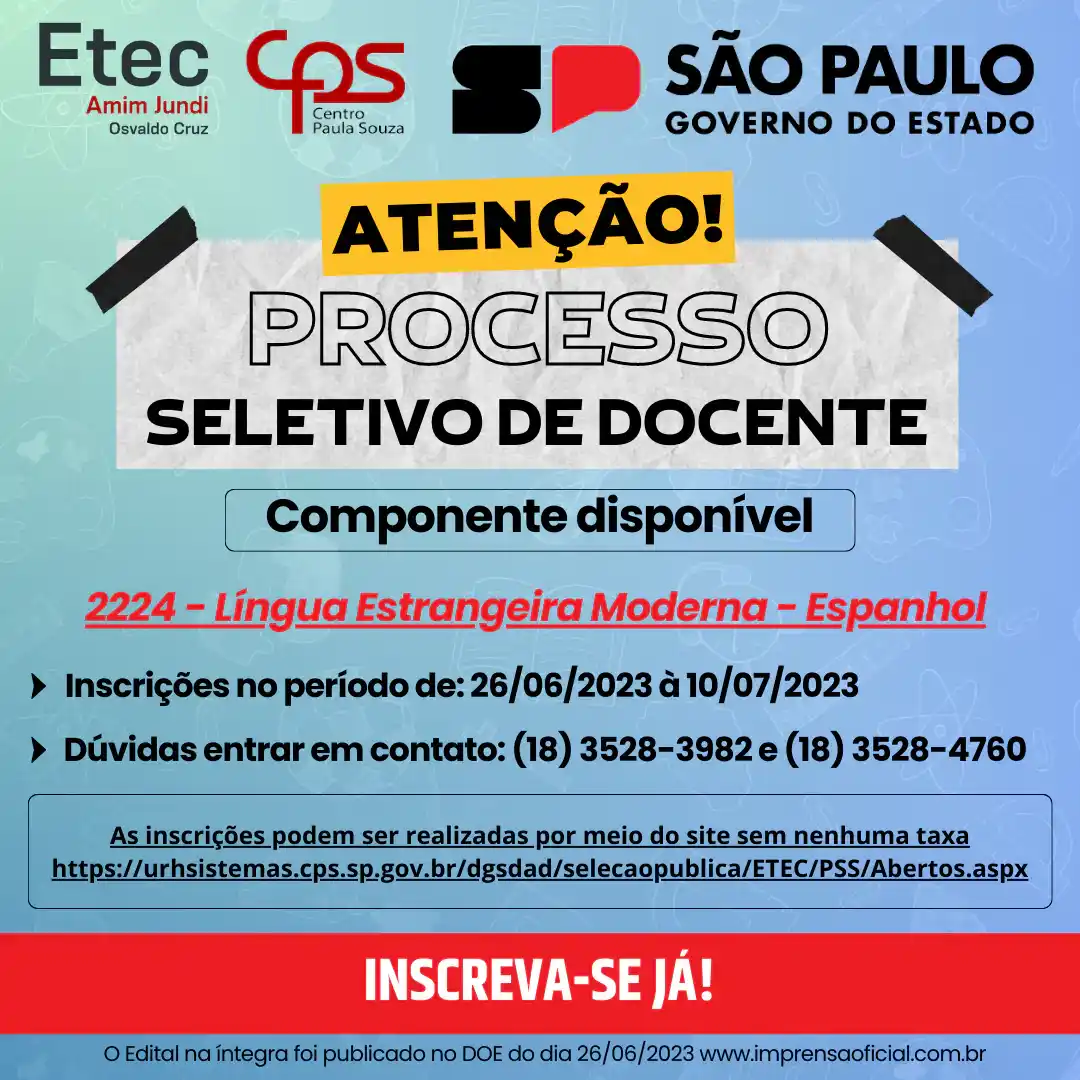 Etecs selecionam auxiliar de docente para várias cidades