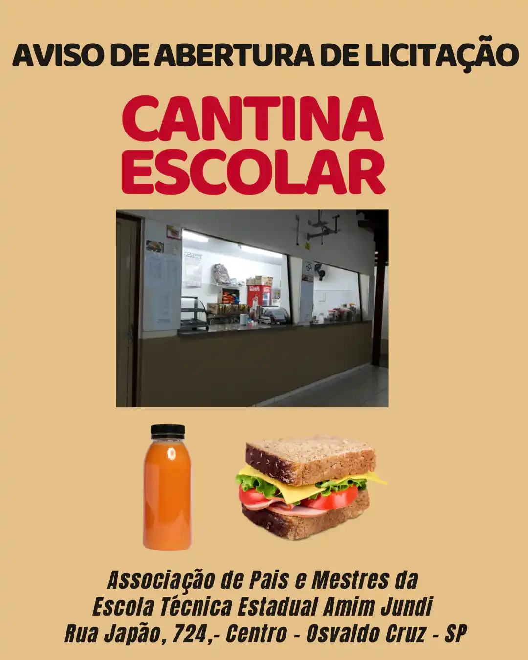 Capa da notícia ABERTURA DO EDITAL DO PROCESSO DE LICITAÇÃO - CANTINA ESCOLAR DA ETEC AMIM JUNDI