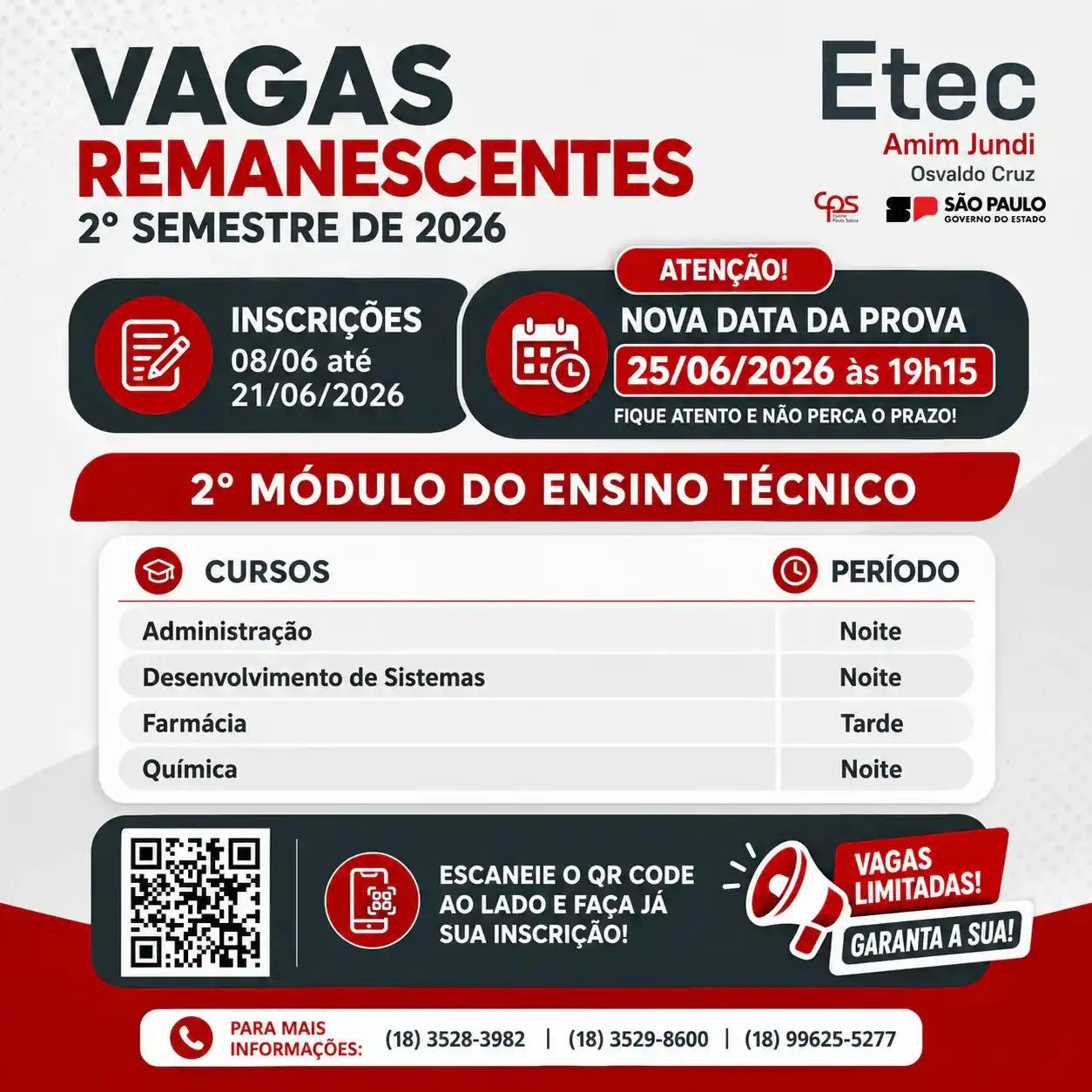 Capa da notícia PROCESSO DE VAGAS REMANESCENTES – 2º MÓDULO DO ENSINO TÉCNICO 2º SEM/2026
